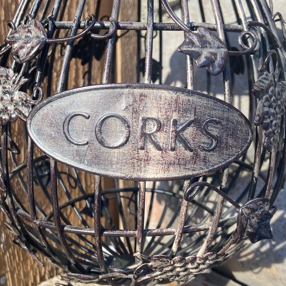 Wine Cork Metal Glass-Shaped w/ Clasped Lid Decorative Caged Holder - Picture 3 of 7